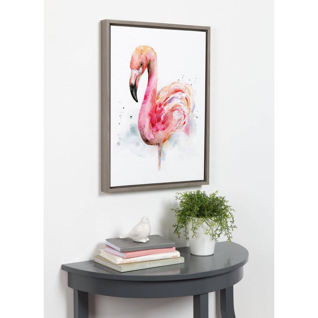 Pink and Coral Flamingo Framed Watercolor Print on Canvas, Gray 18 x 24 J95041