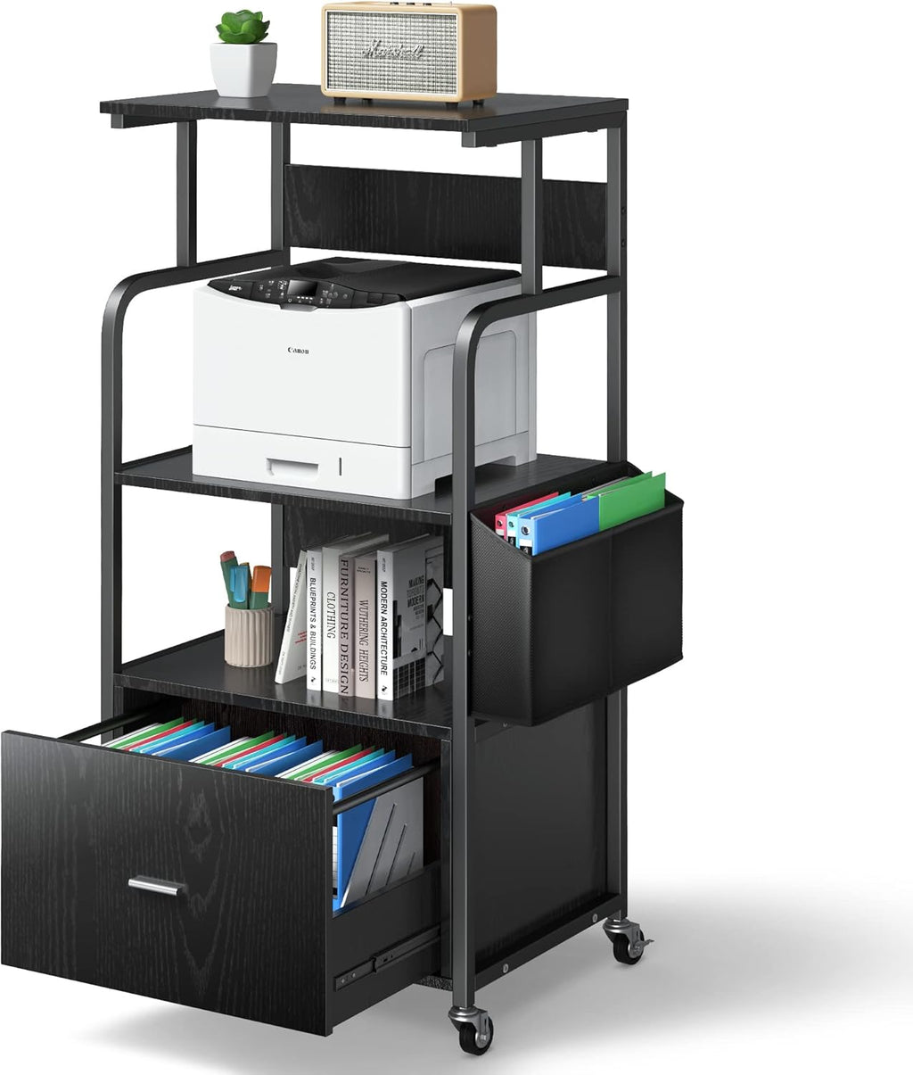 3 Tier Mobile Printer Stand with Drawer, Storage Bag, Metal Hook, Lockable Casters D6388