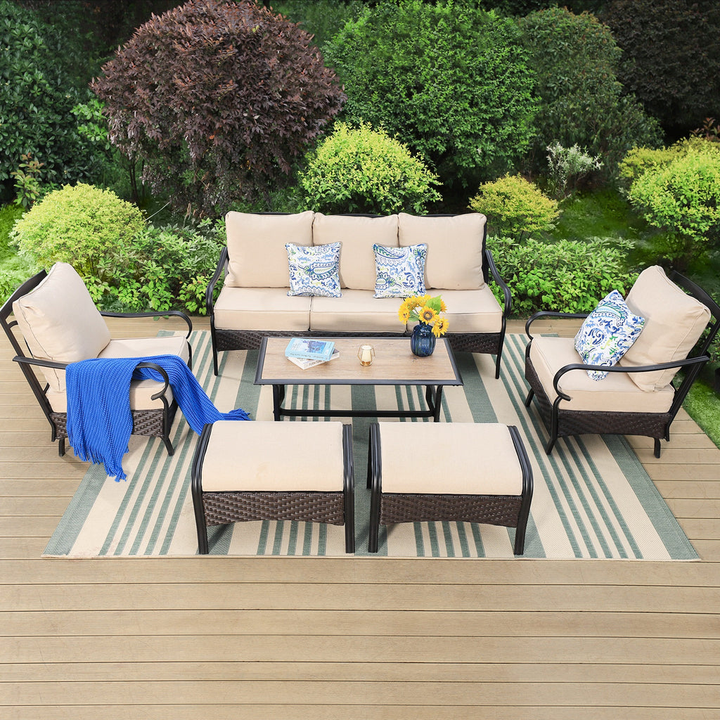 7-Seat Patio Conversation Set with 3-Seat Sofa, Rocking Chairs, Ottomans & Table, Black & Beige U129701