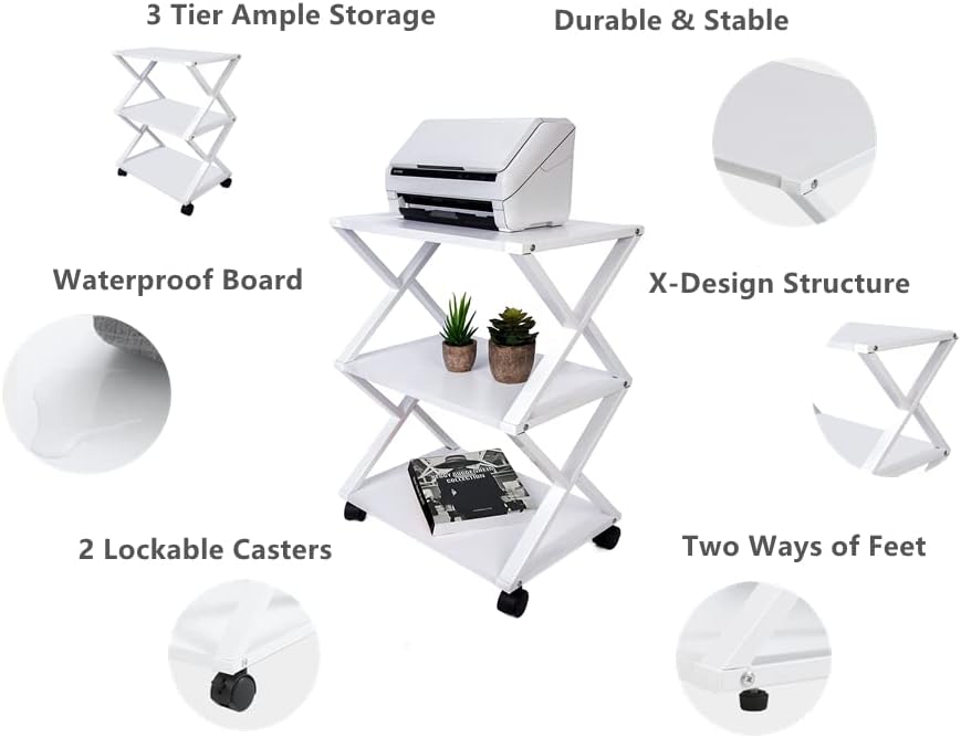White 3 Tiers Printer Stand Cart with Storage Shelf on Wheels H612710