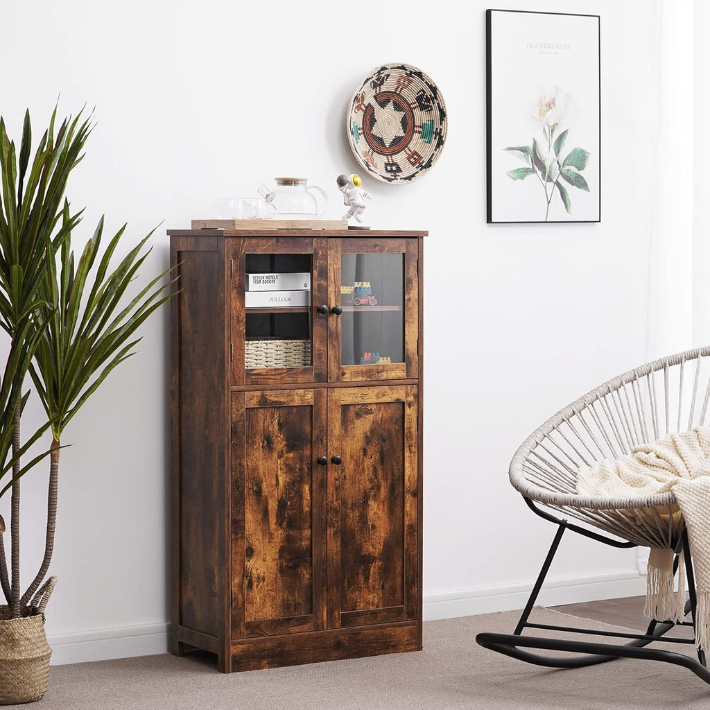 Rustic Brown Freestanding Bathroom Floor Storage Cabinet with Glass Door and Adjustable Shelf A72651