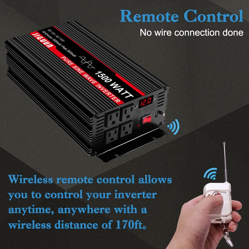 1500 Watt Pure Sine Wave Power Inverter DC 12V to AC 120V with 4 AC Outlets USB Output Wireless Remote Control F9889