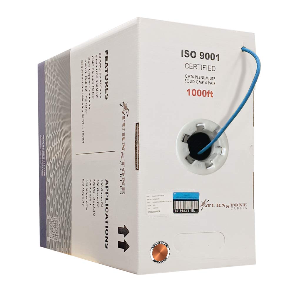 1000ft Cat6 Plenum Bulk Ethernet Cable, 23AWG Solid Bare Copper, UTP H70008