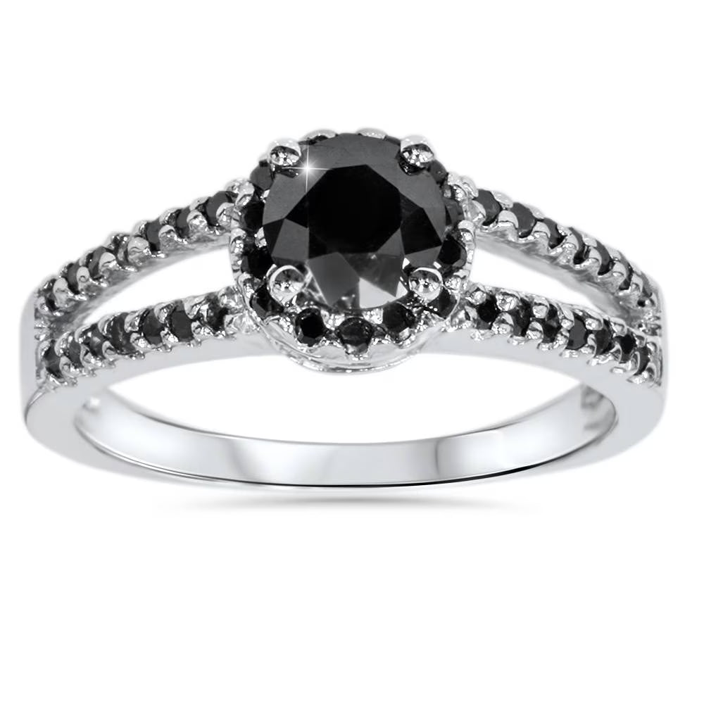 14K White Gold Black Diamond Pave Halo Engagement Ring T75932