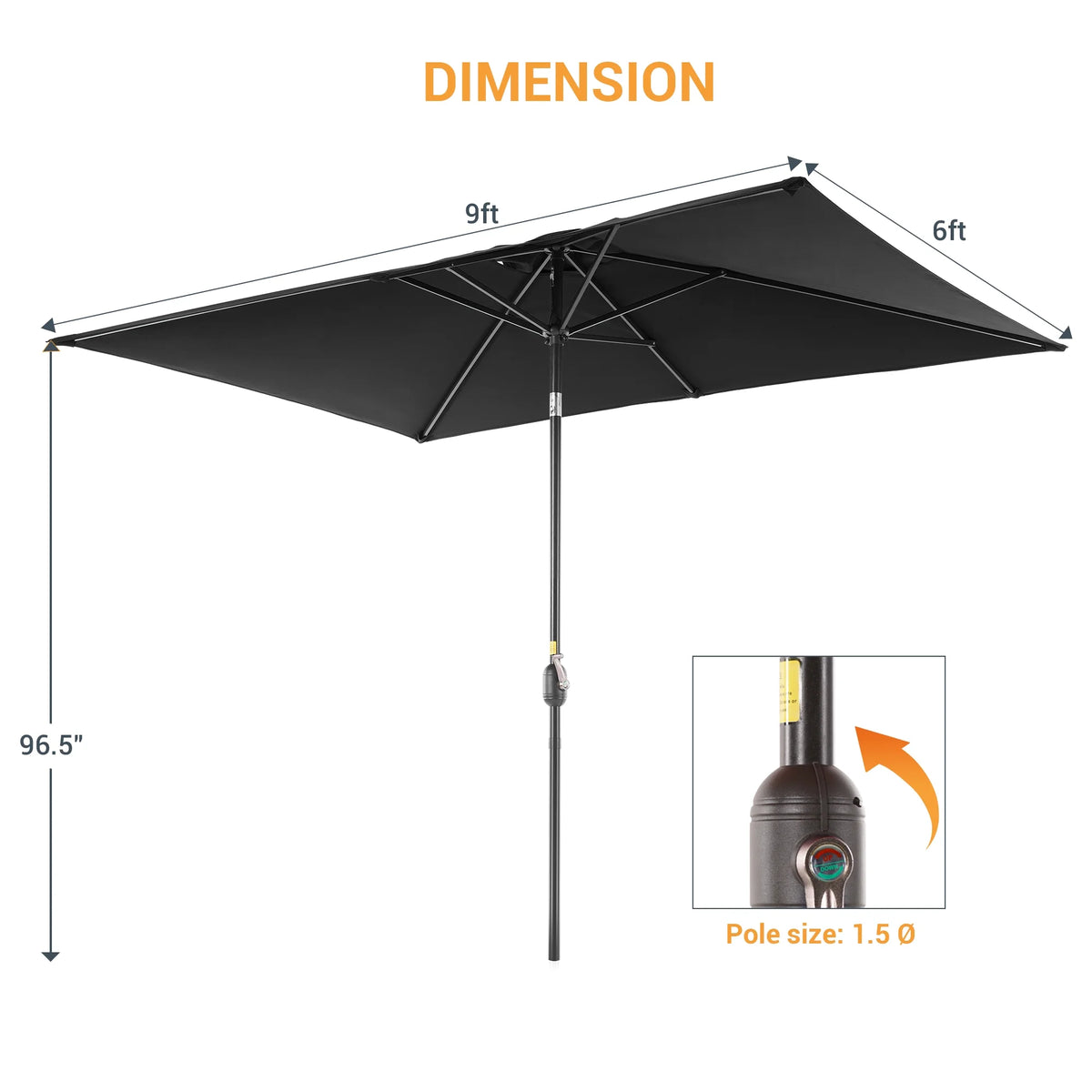 Black 6x9ft Outdoor Patio Market Umbrella with Polyester Canopy W182