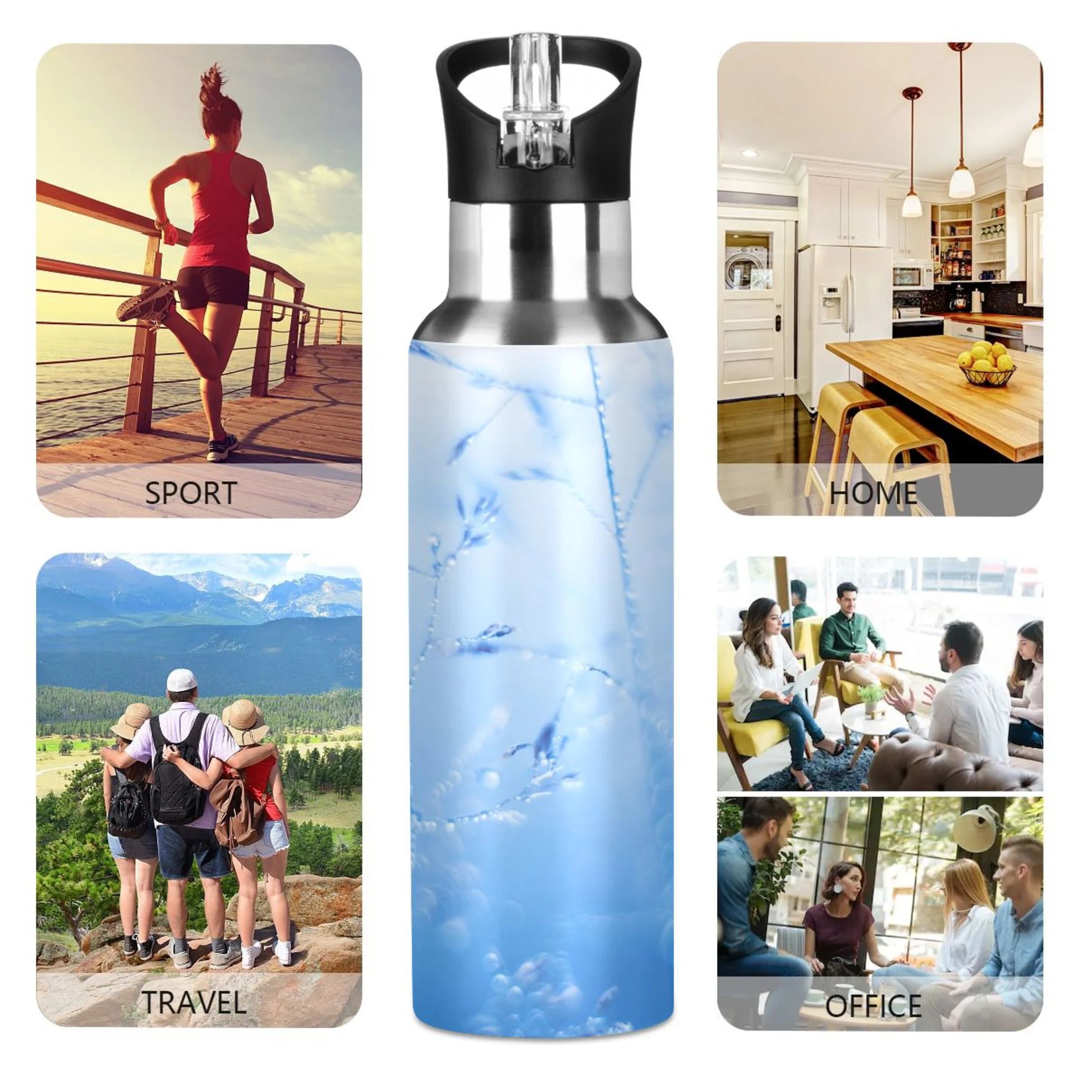 Blue Insulated Stainless Steel Water Bottle with Straw Lid 20 oz N2945