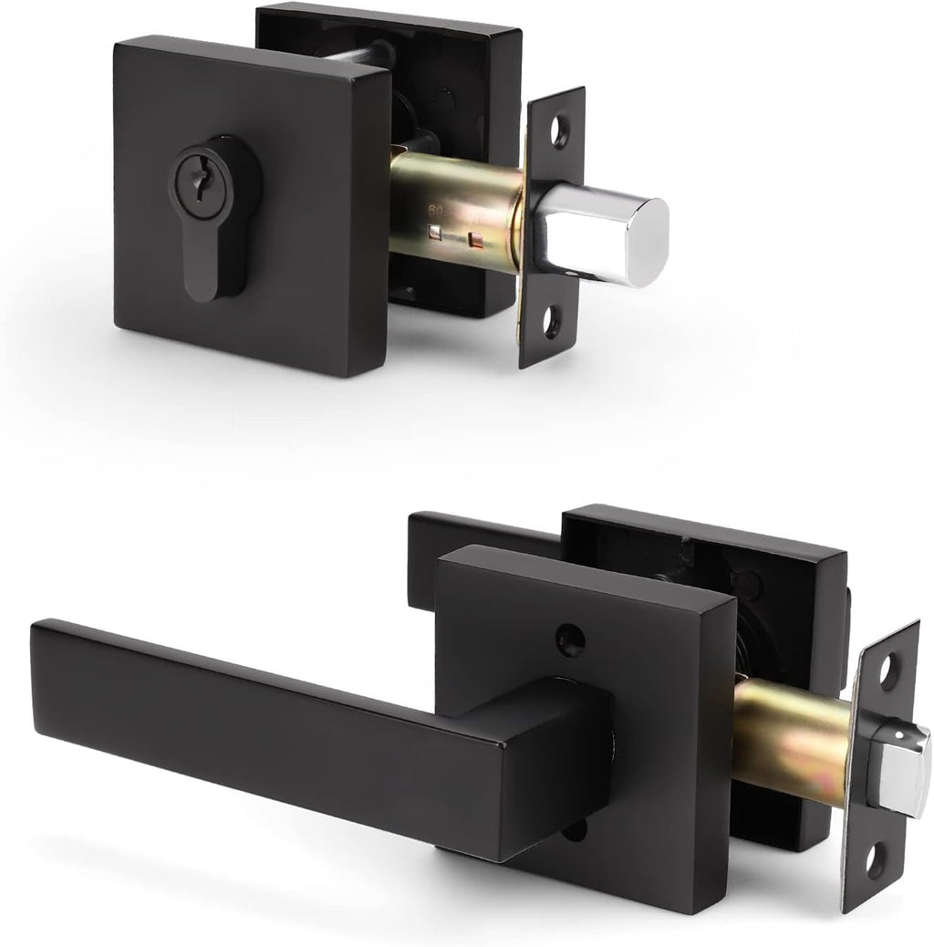 6 Pack Square Matte Black Door Handle Set with Double Keyed Deadbolt H90397