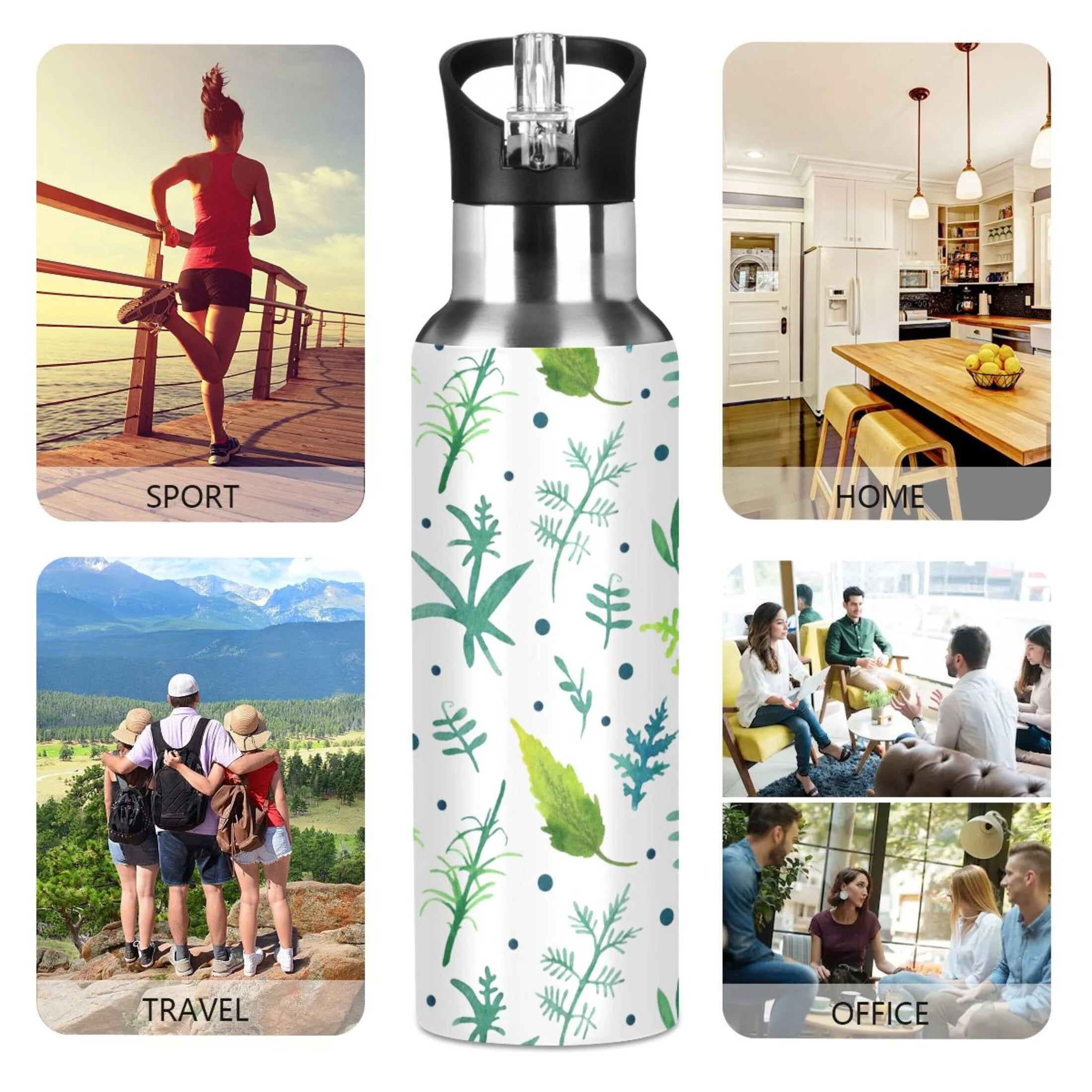 Green Water Bottles Insulated Thermos Kids Stainless Steel Bottle with Straw Lid Flask Leakproof 20 oz Z352