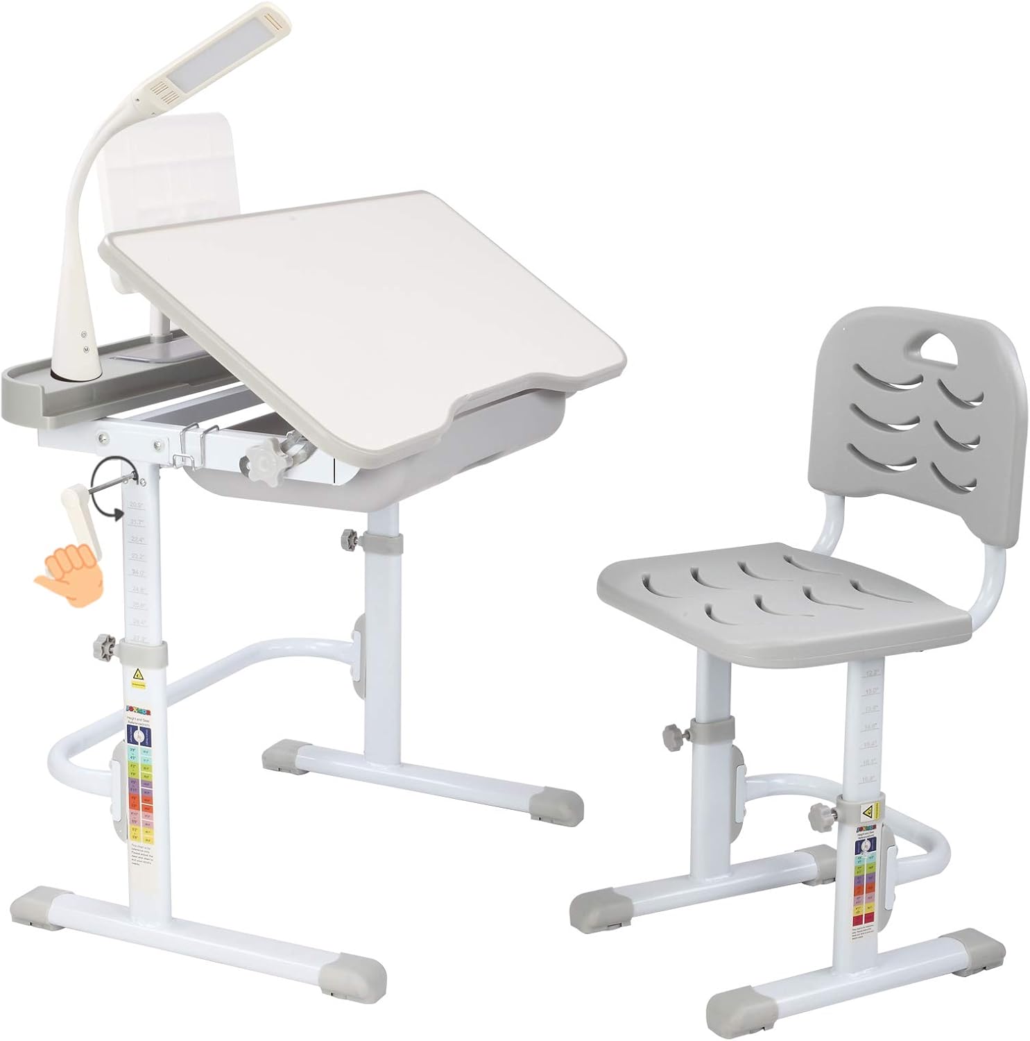 Grey Kids Desk Chair Set with Lamp, Height Adjustable Study Desk with Tilt Desktop, Pull Out Drawer Storage, Pencil Case, Bookstand, LED Light L5196