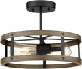 Farmhouse Semi Flush Mount Ceiling Lighting, 2-Light Metal Cage, 13 inches, Wood Grain and Matte Black Finish P998984