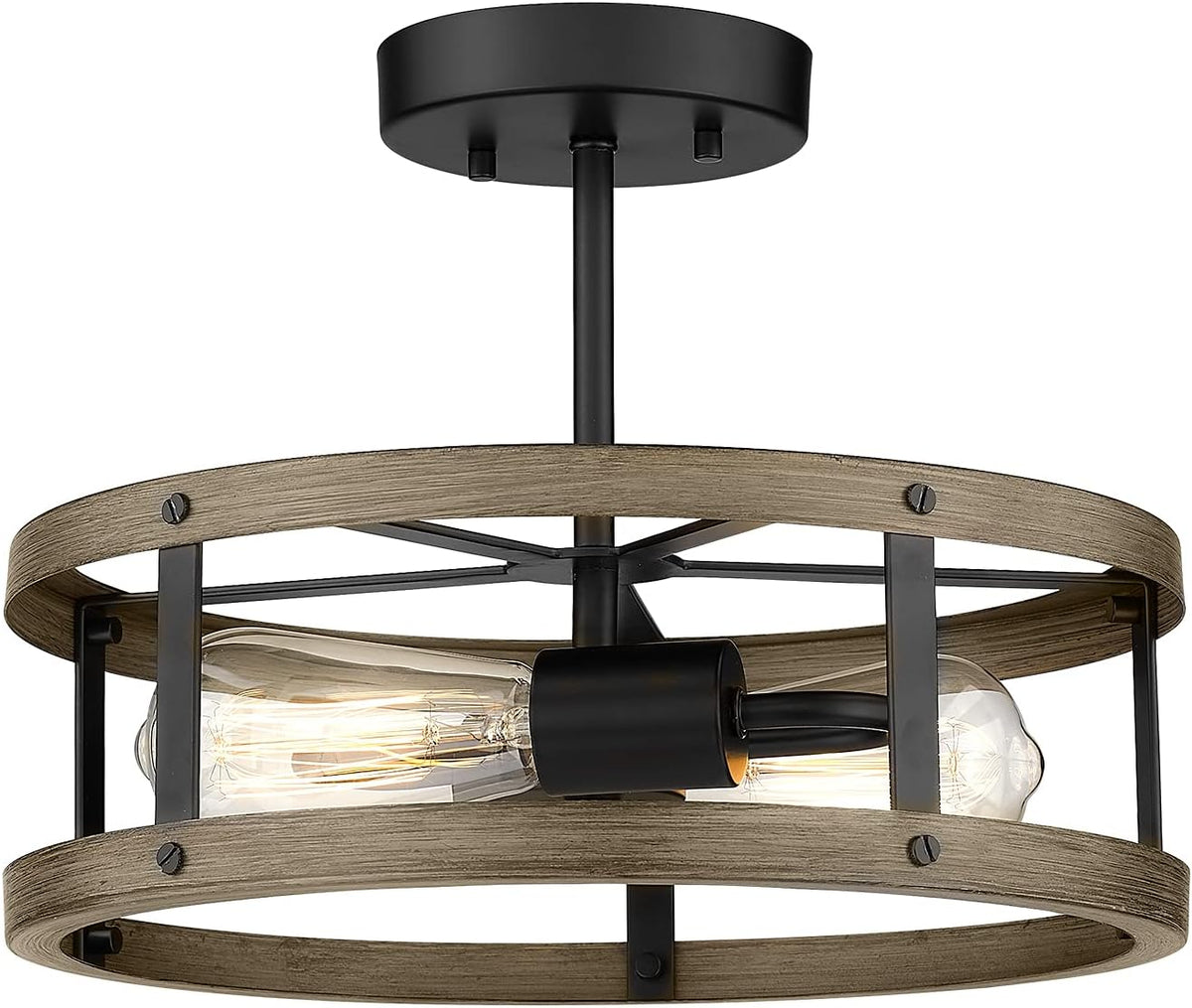 Farmhouse Semi Flush Mount Ceiling Lighting, 2-Light Metal Cage, 13 inches, Wood Grain and Matte Black Finish P998984