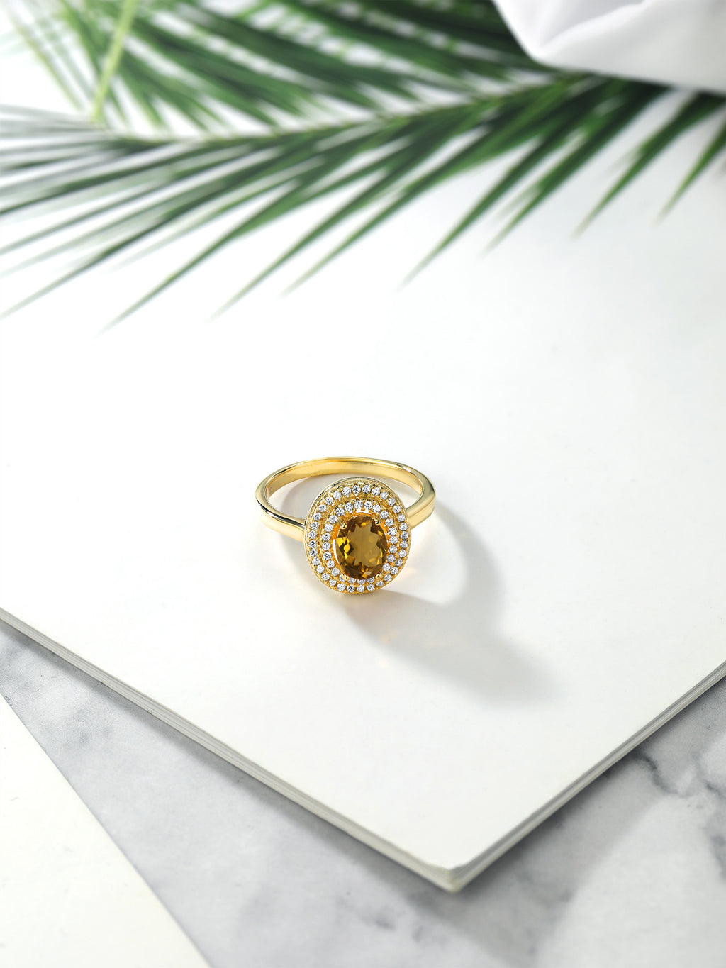 18K Yellow Gold Plated Silver Oval Whiskey Quartz Halo Engagement Ring W832