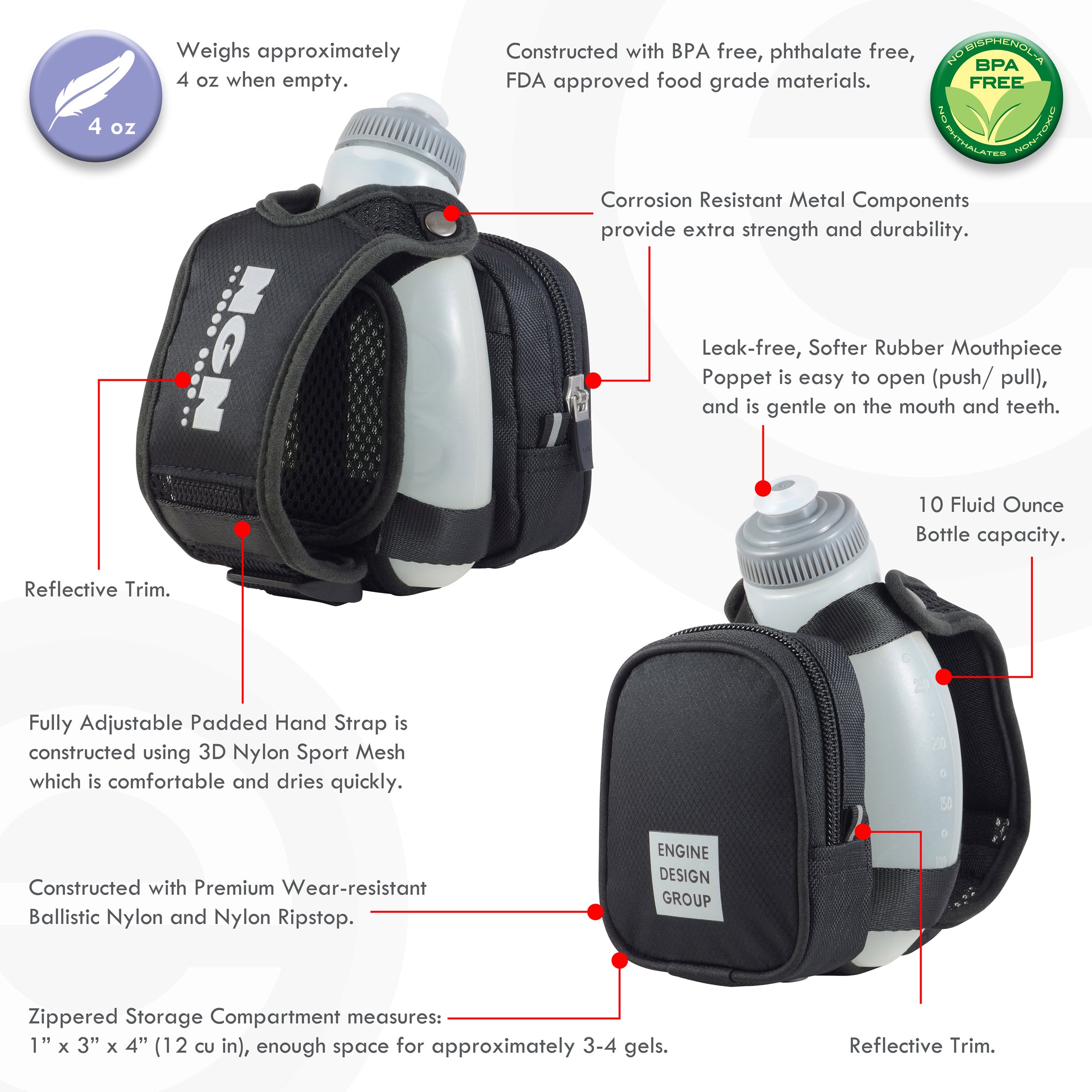 Black 10 oz Handheld Water Bottle with Zippered Pocket (2-Pack) N8915