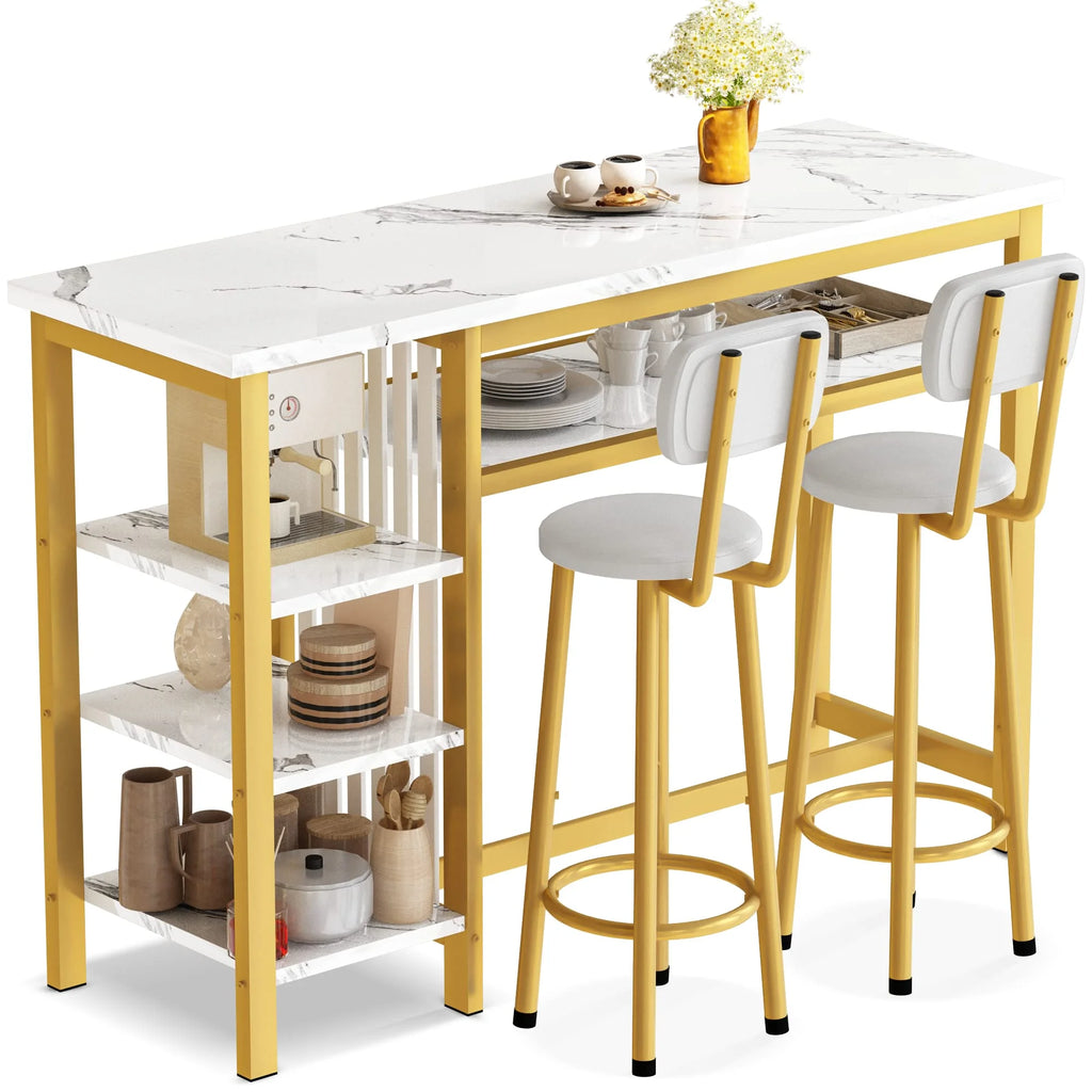 White Gold Bar Table Set with 2 PU Upholstered Stools and 4 Storage Shelves W191
