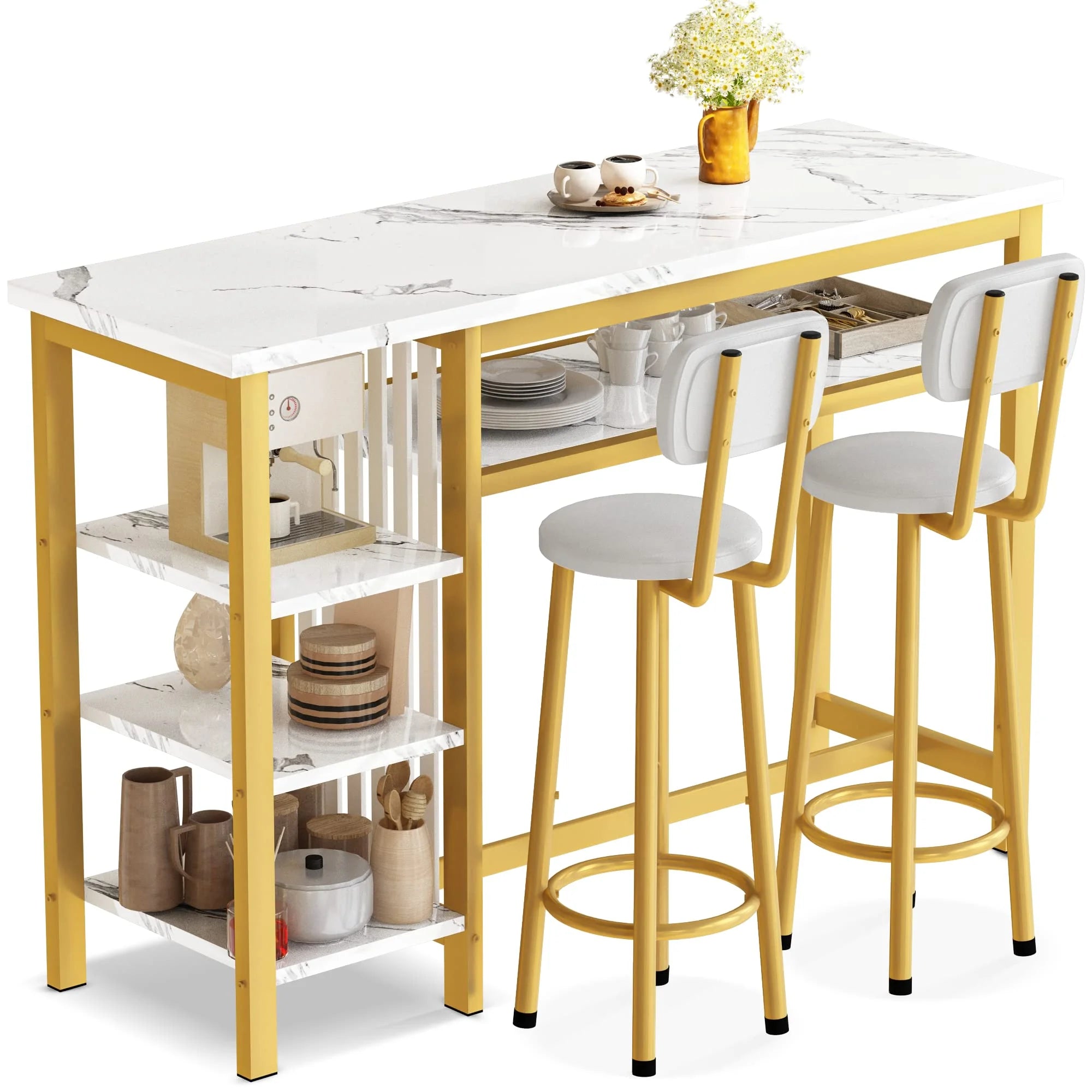 White Gold Bar Table Set with 2 PU Upholstered Stools and 4 Storage Shelves W191