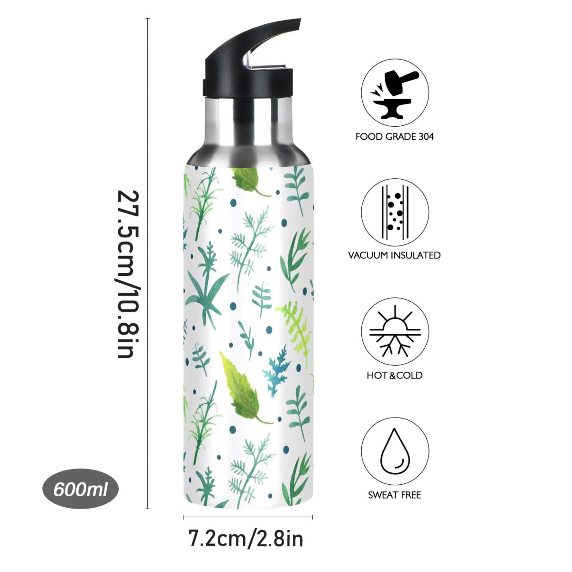 Green Water Bottles Insulated Thermos Kids Stainless Steel Bottle with Straw Lid Flask Leakproof 20 oz Z352
