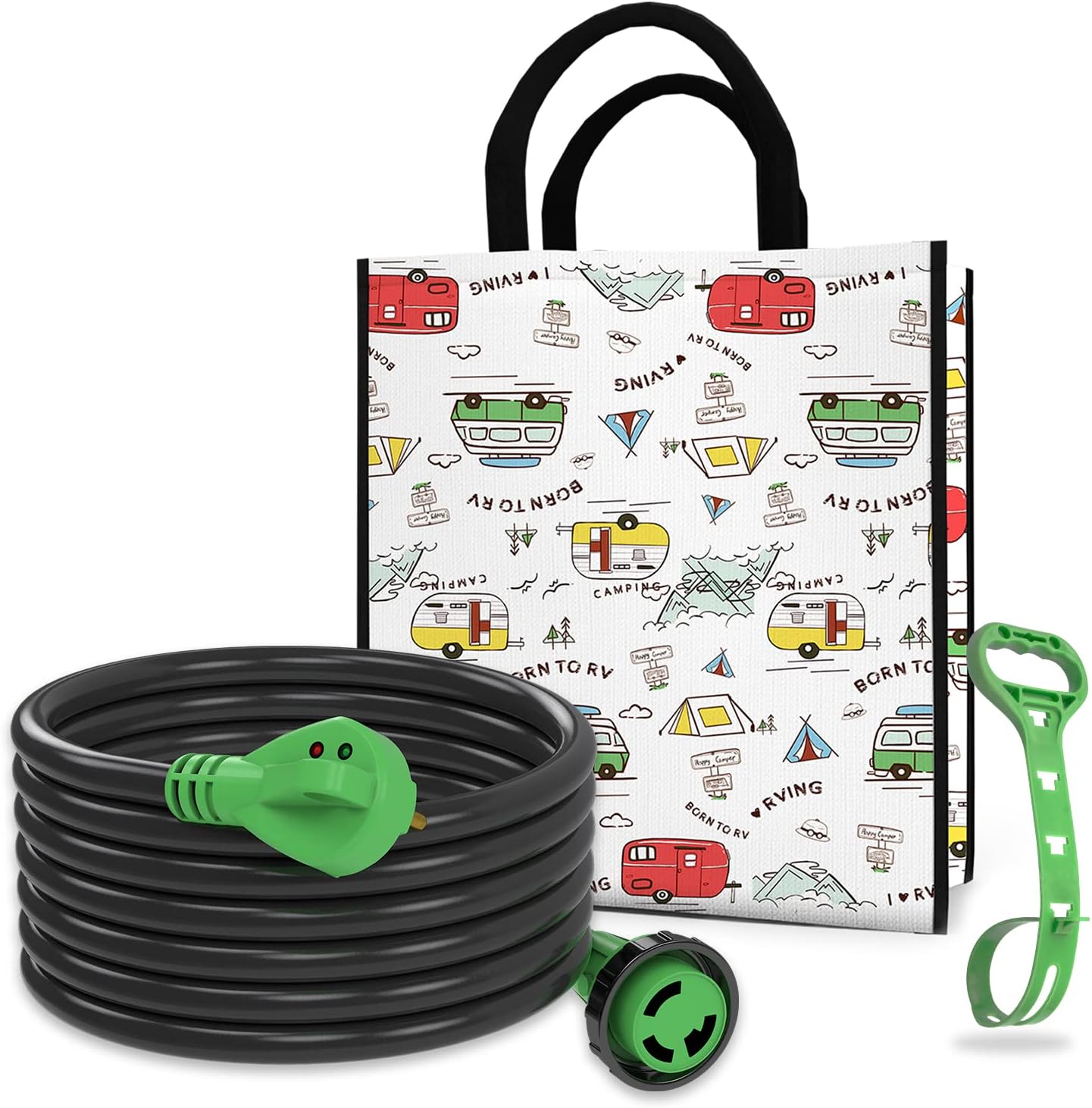 RV Detachable Power Cord 30A 50FT with Polarity LED Indicator, TT-30P Male to L5-30R Locking Female, Storage Bag and Plastic Strap V543