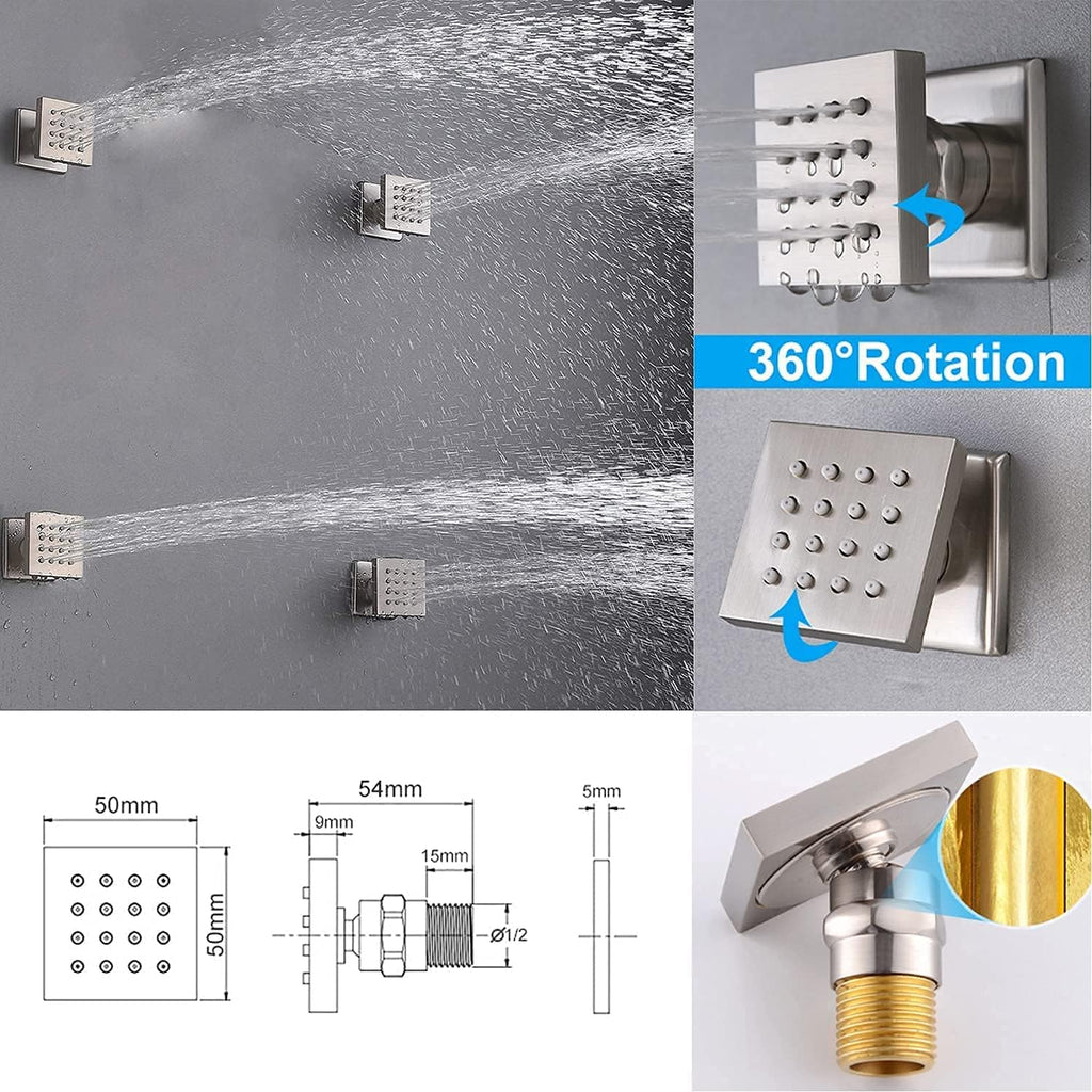 16 Inch Square Rainfall Shower System Set with 4 Body Spray Jets and Handshower D5009