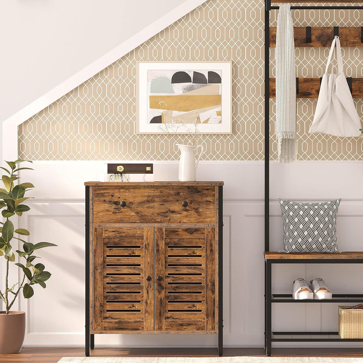 Rustic Brown Kitchen Sideboard Floor Storage Cabinet with Drawers and Height-Adjustable Shelves Z307