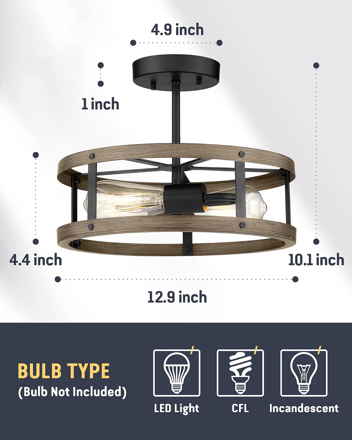 Farmhouse Semi Flush Mount Ceiling Lighting, 2-Light Metal Cage, 13 inches, Wood Grain and Matte Black Finish P998984