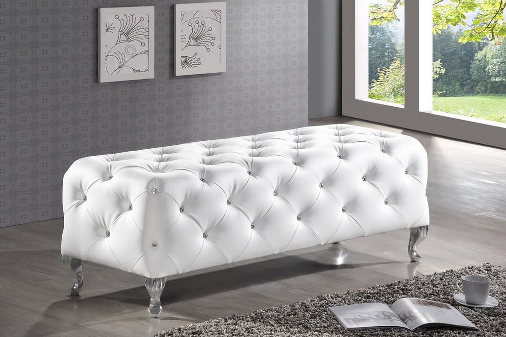 White Leather Tufted Bench E6123