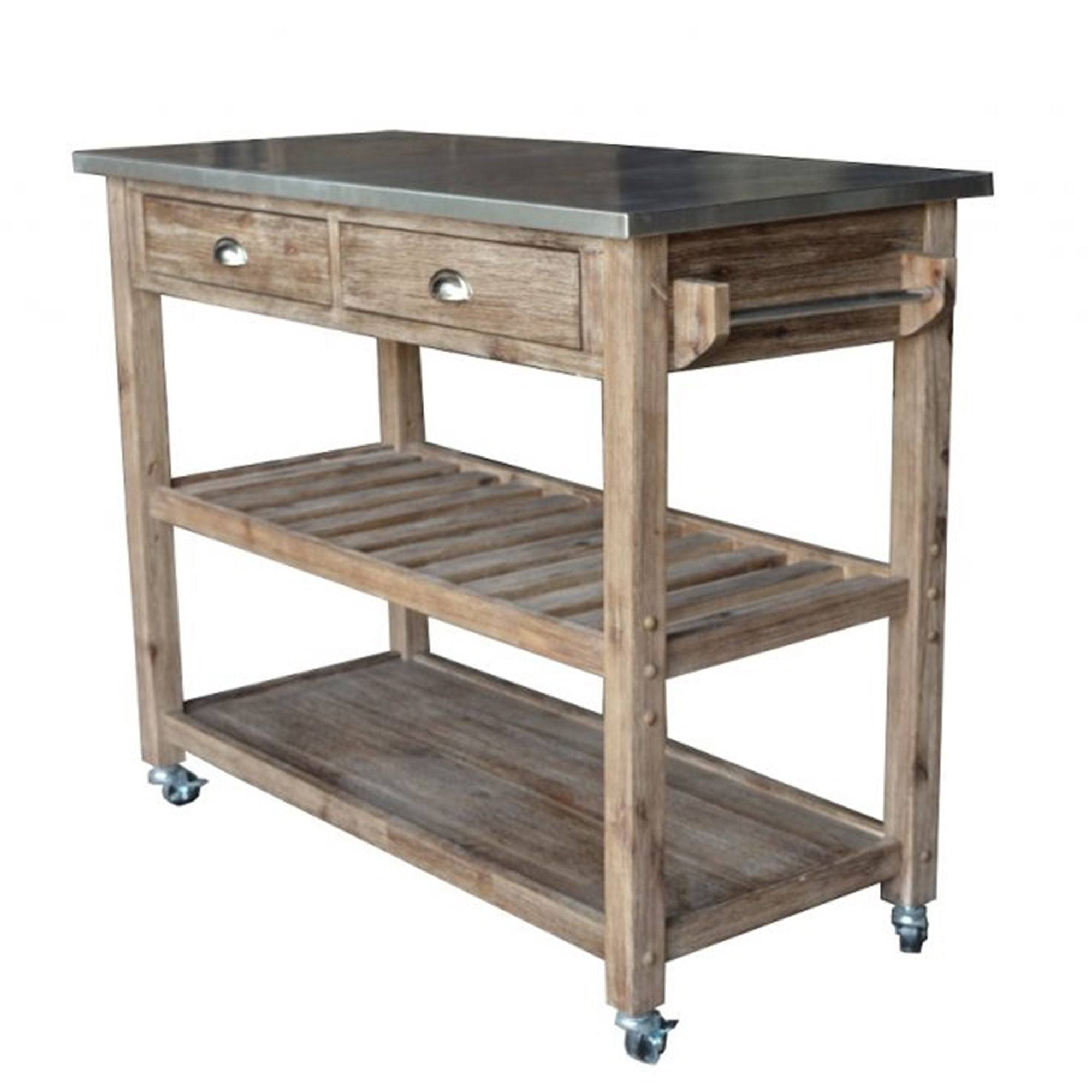 Gray Wooden Frame Kitchen Cart with Metal Top and Casters I319516