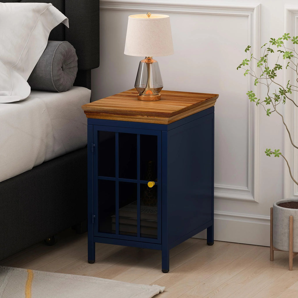Nightstand with Storage Cabinet & Solid Wood Tabletop, Dark Blue E13761