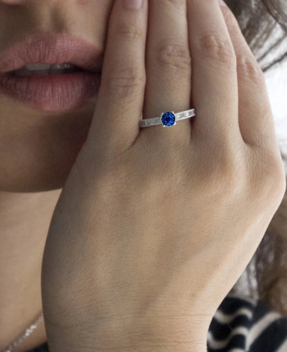 1.5 Carat Round Cut Blue Sapphire And Diamond Moissanite Engagement Ring On 10K White Gold R76150