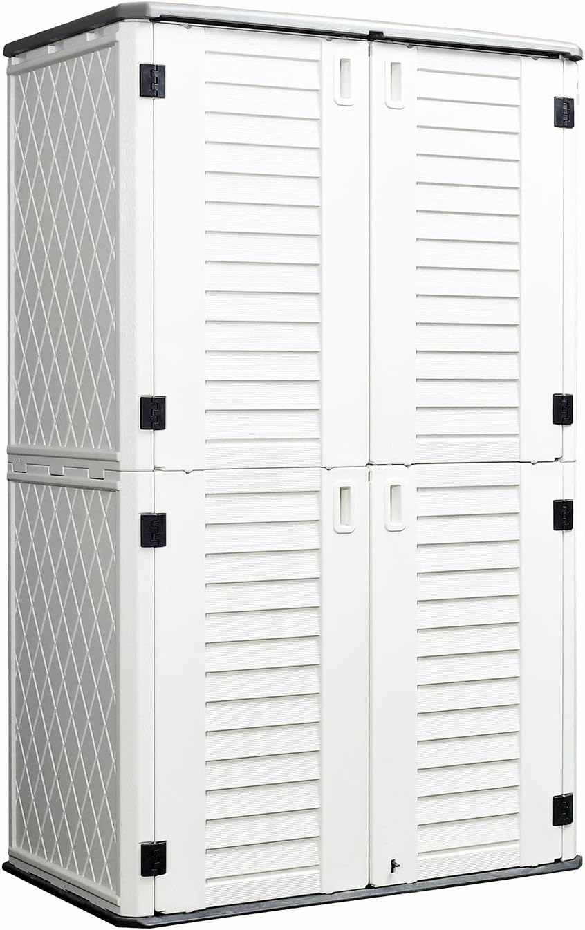 Vertical Storage Shed Outdoor Tool Storage Cabinet (Ivory White, 51.6 Cubic Feet) F946671