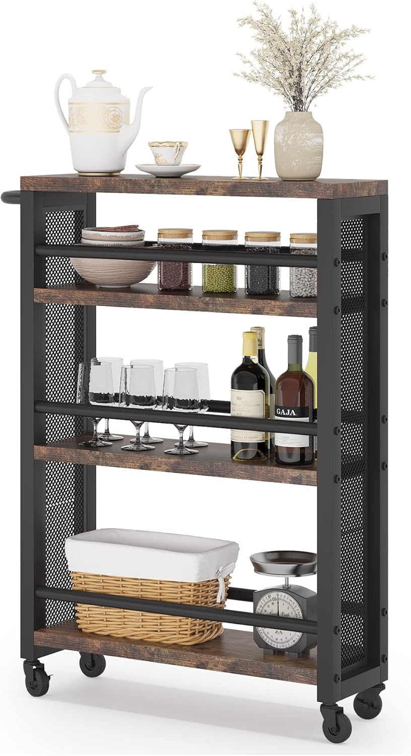 Brown 4 Tiers Wood Rolling Cart with Wheels U87200