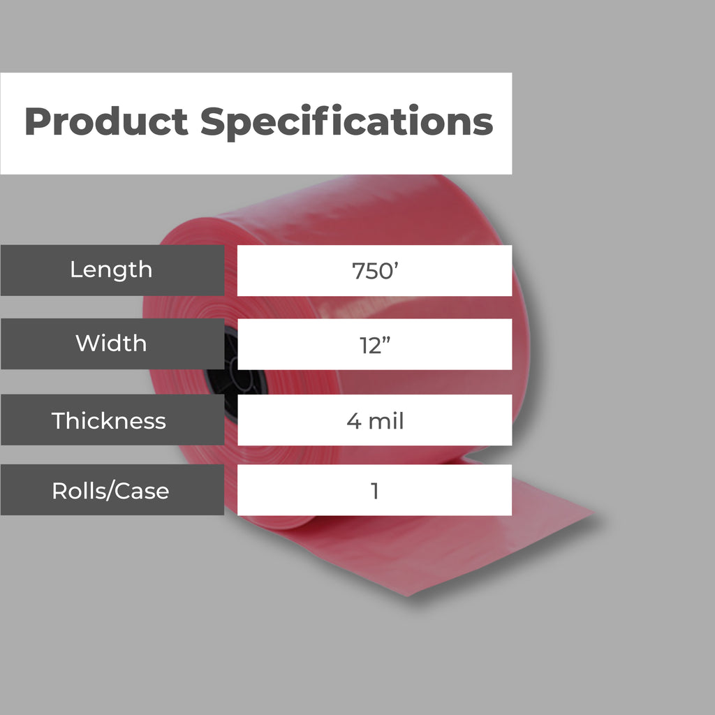 12'x750" Anti-Static Poly Tubing Roll 4 Mil, Pink, 1 Roll E717