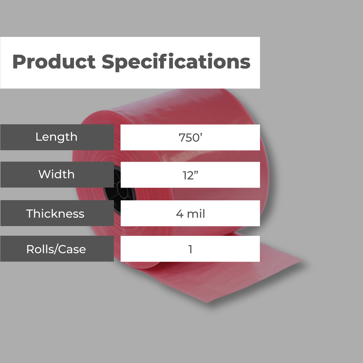 12'x750" Anti-Static Poly Tubing Roll 4 Mil, Pink, 1 Roll E717