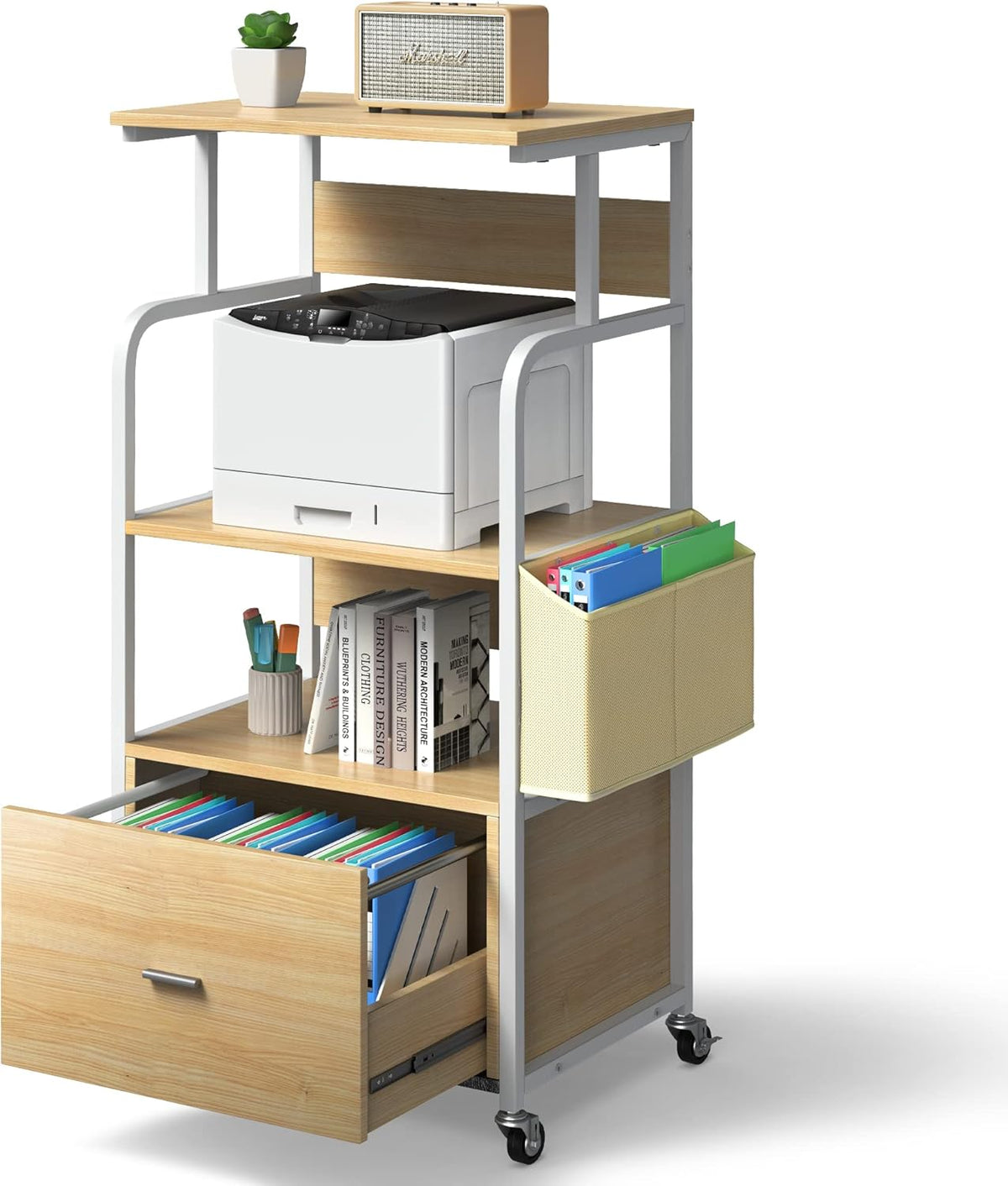3 Tier Mobile Printer Stand with Drawer, Storage Bag, Metal Hook, Lockable Casters D6388