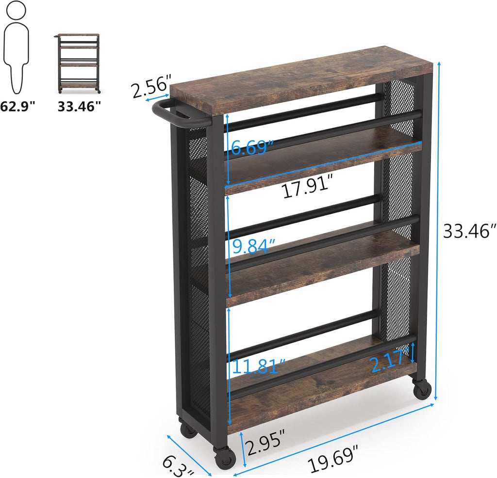 Brown 4 Tiers Wood Rolling Cart with Wheels U87200