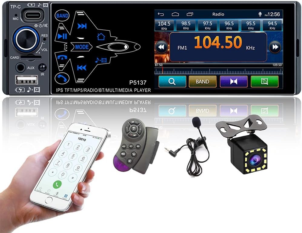 Single Din Car Stereo with Bluetooth, FM Radio Receiver, Dual USB, AUX-in, TF Card Port, Microphone, Mirror Link, Backup Camera, Steering Wheel Control W752