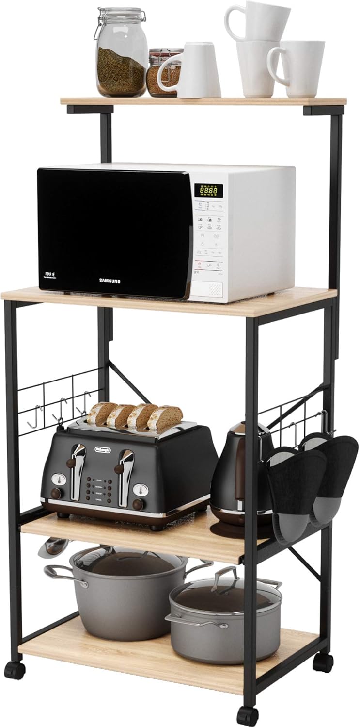 Rustic Brown 4 Tier Kitchen Baker's Rack with Storage Shelf and 10 Side Hooks L10771
