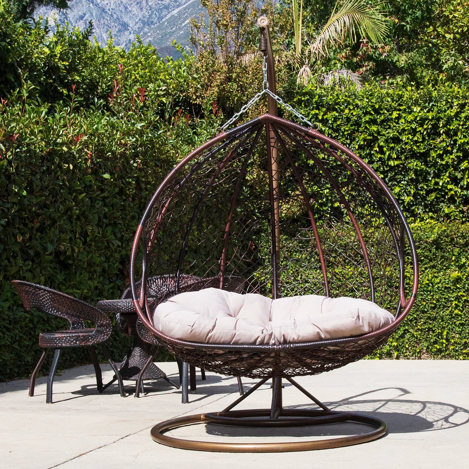 Gray Wicker Patio Swing Chair with Cushion Mat L69364