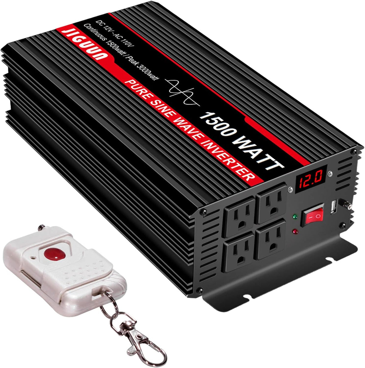 1500 Watt Pure Sine Wave Power Inverter DC 12V to AC 120V with 4 AC Outlets USB Output Wireless Remote Control F9889