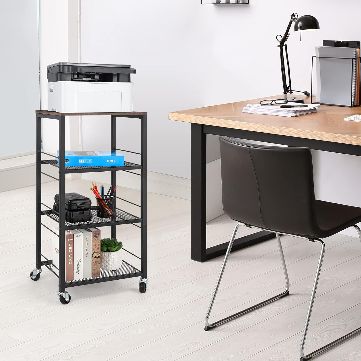 Rustic Brown 4-Tier Rolling Utility Cart with Storage Shelves Z819499