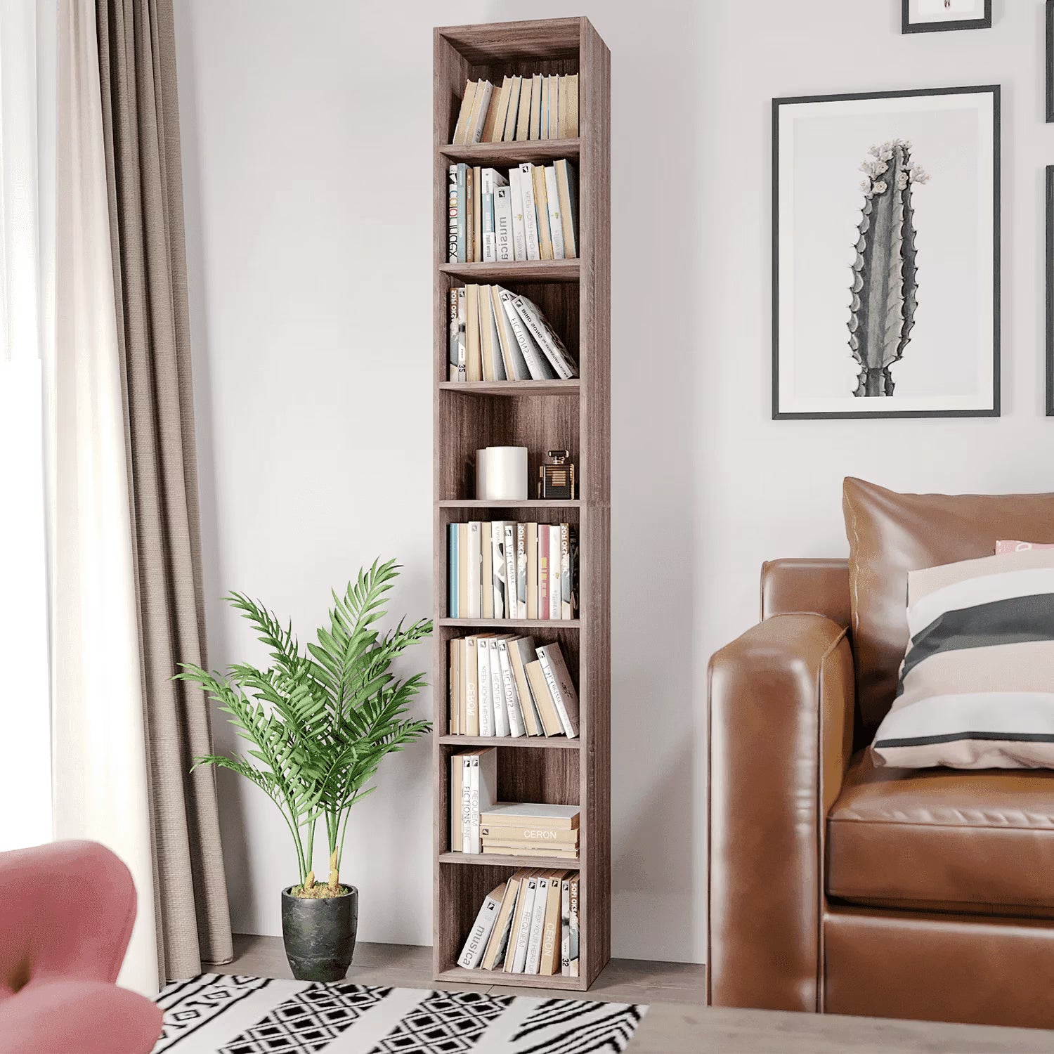 Dark Oak 8 Shelves Narrow Bookcase K2323