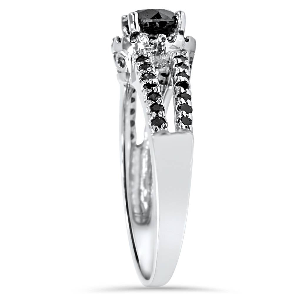 14K White Gold Black Diamond Pave Halo Engagement Ring T75932