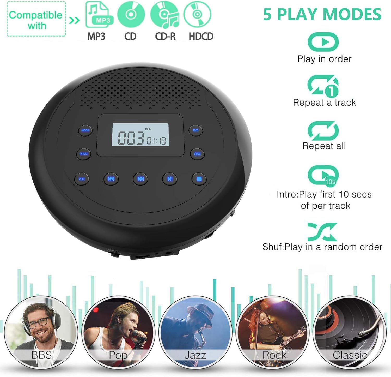 Portable CD Player with Built-in Speakers, Headphones, Pack of 2 K19845