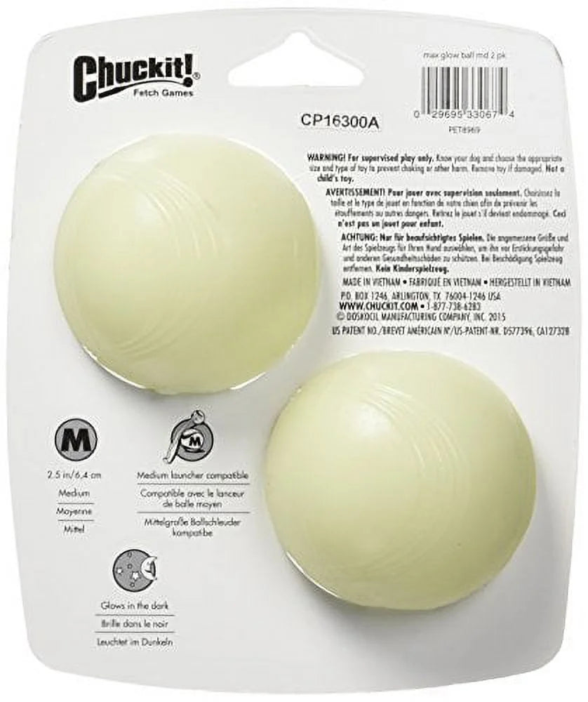 Chuckit Max Glow Ball Dog Toy, Medium 2.5 Inch, Pack of 2 T44899