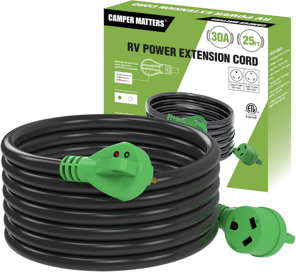 RV Detachable Power Cord 30A 50FT with Polarity LED Indicator, TT-30P Male to L5-30R Locking Female, Storage Bag and Plastic Strap V543