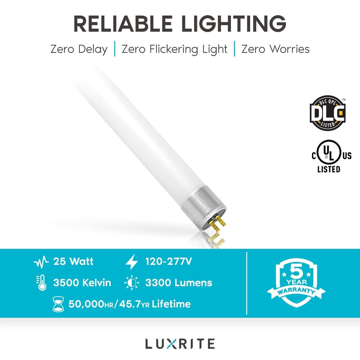 4ft LED Tube Light, T5 HO, 25W, 3500K Natural White, 3300 Lumens U8126