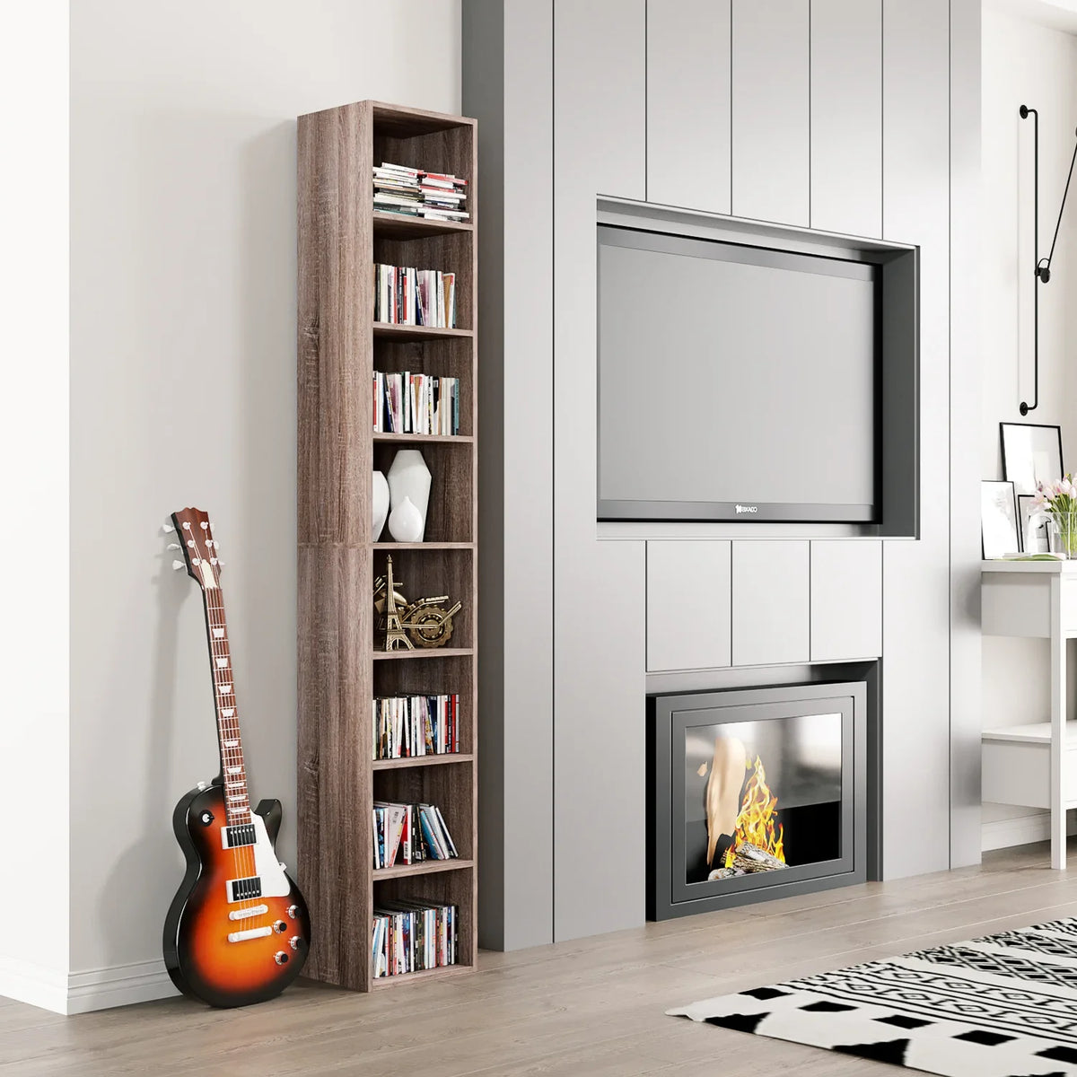 Dark Oak 8 Shelves Narrow Bookcase K2323