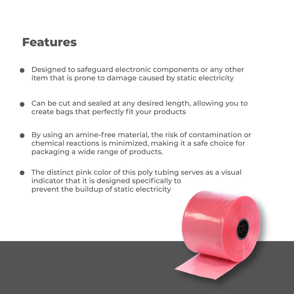 12'x750" Anti-Static Poly Tubing Roll 4 Mil, Pink, 1 Roll E717