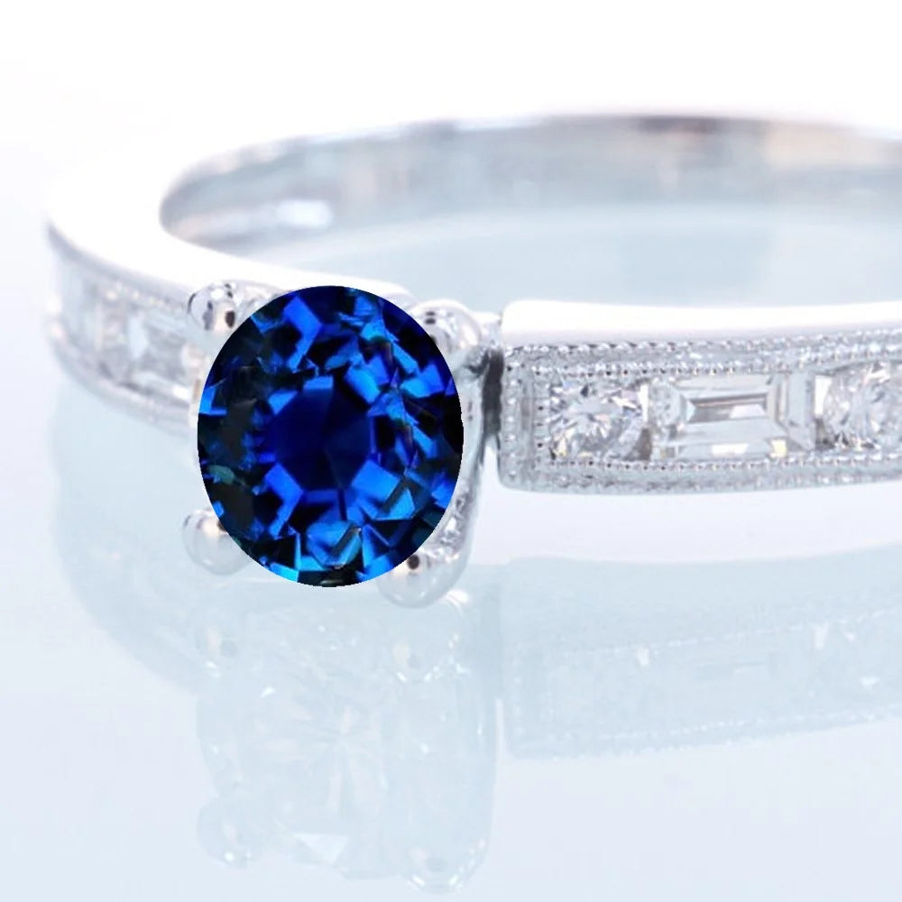 1.5 Carat Round Cut Blue Sapphire And Diamond Moissanite Engagement Ring On 10K White Gold R76150