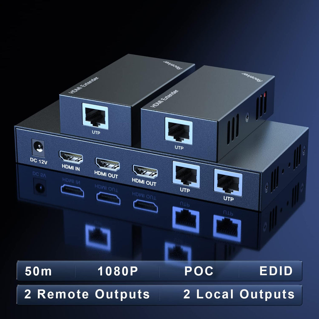 HDMI Extender Splitter 1x2 1080P@60Hz Over Cat 5E/6/7 Ethernet Cable 50m (165ft) 2 HDMI loopout EDID Copy POC Function (1 in 2 Out) W4341
