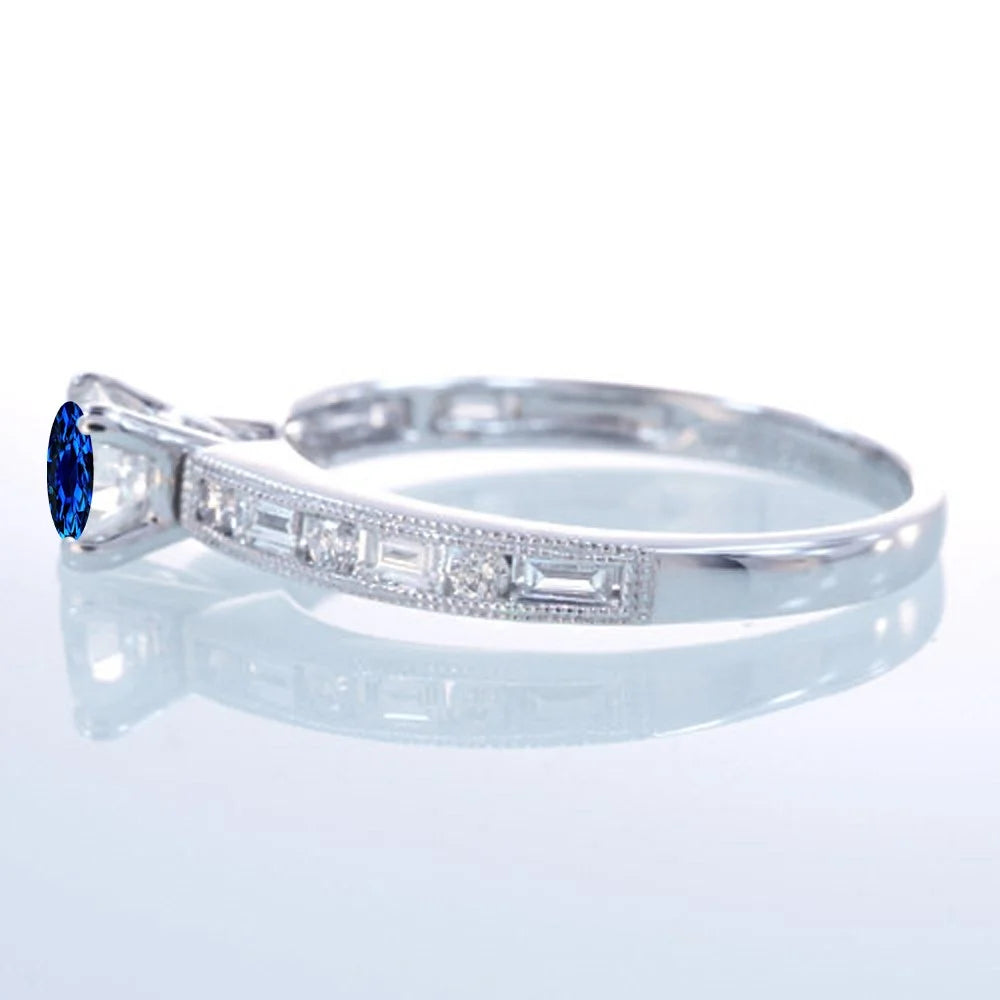 1.5 Carat Round Cut Blue Sapphire And Diamond Moissanite Engagement Ring On 10K White Gold R76150